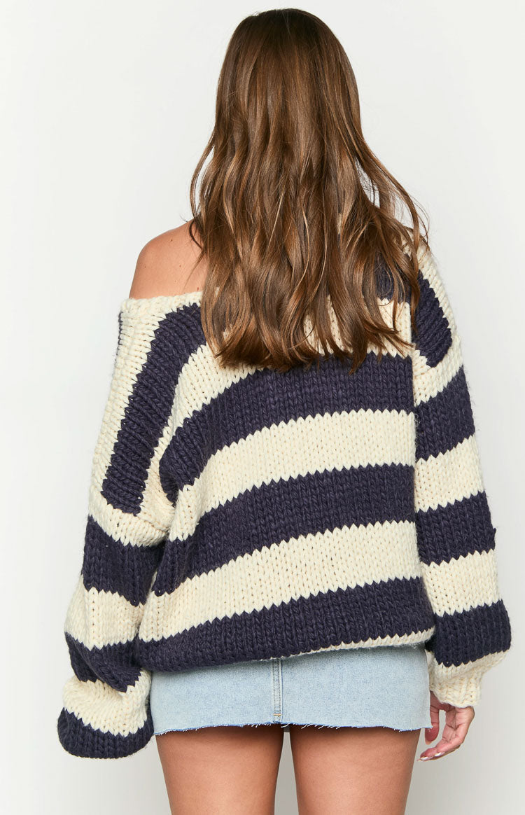 Delvey Navy Striped Chunky Knit Sweater