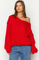 Red chunky knit off the shoulder sweater.