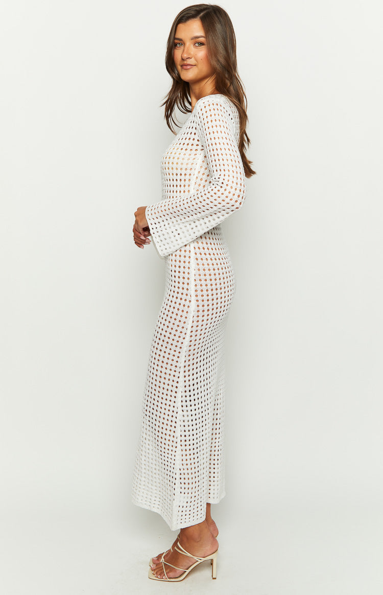 Destinations White Crochet Long Sleeve Maxi Dress Image