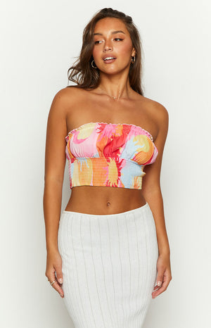 Dray Pink Sun Print Strapless Crop Top