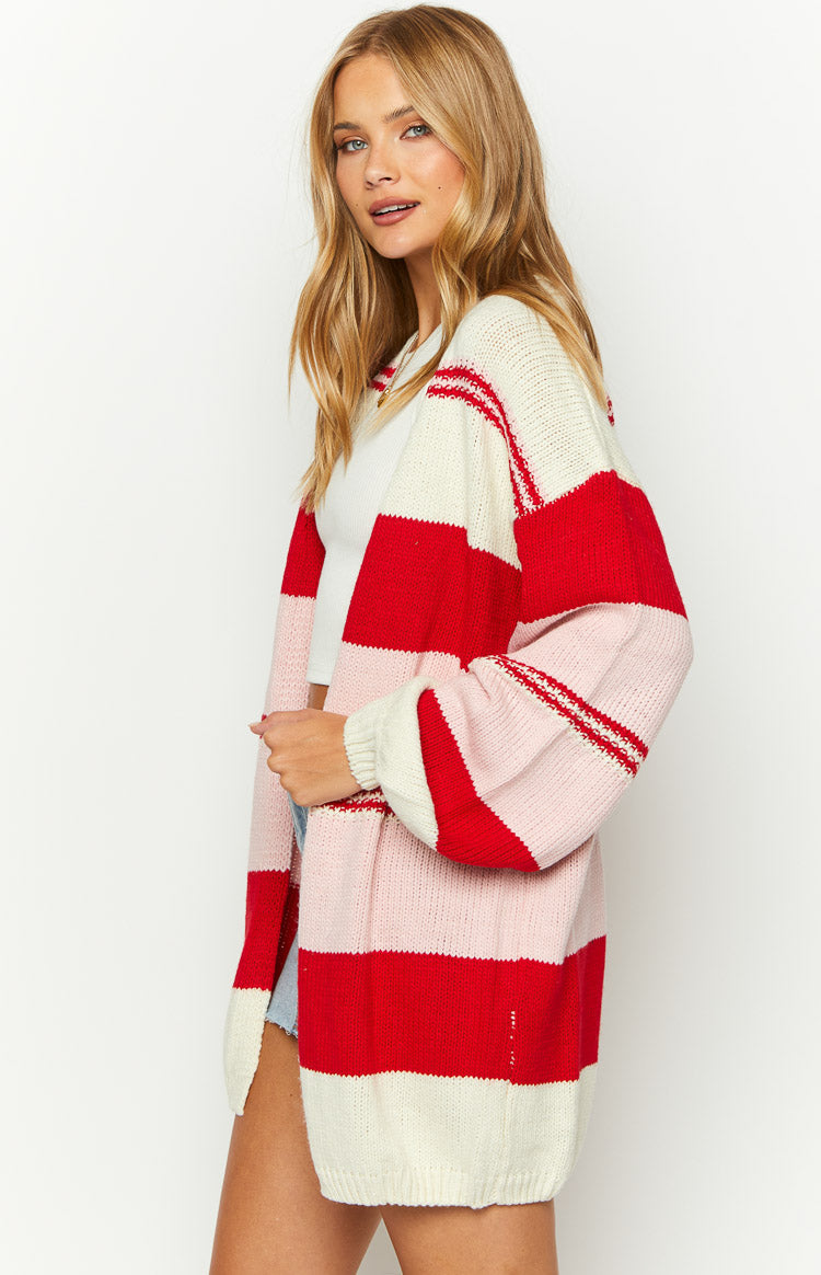 Dreamy Drift Cream Knit Striped Cardigan Image