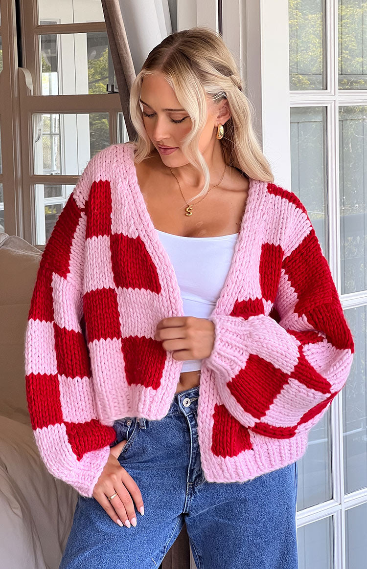 Envi Pink And Red Checkered Knit Cardigan Image