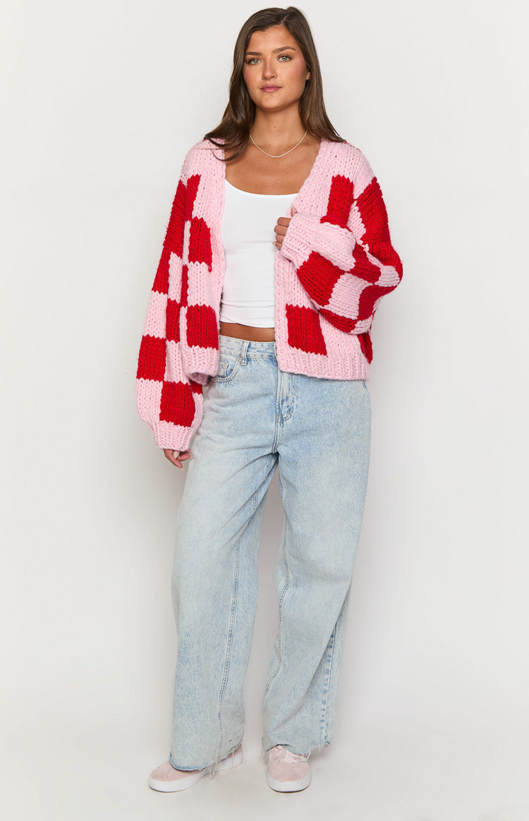 Envi Pink And Red Checkered Knit Cardigan Image