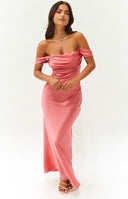 Pink satin off the shoulder formal maxi dress on Em Venz.