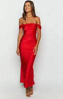 Red off the shoulder maxi dress on brunette model