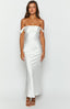 White satin maxi dress with off the shoulder straps on brunette model