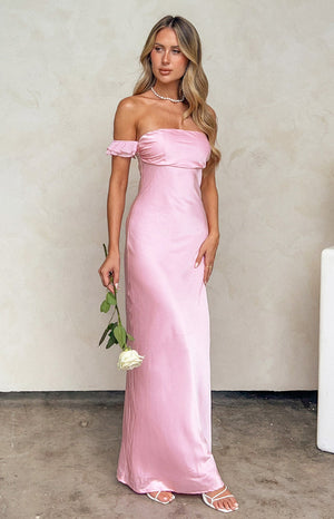 Pink satin off the shoulder maxi dress on blonde model