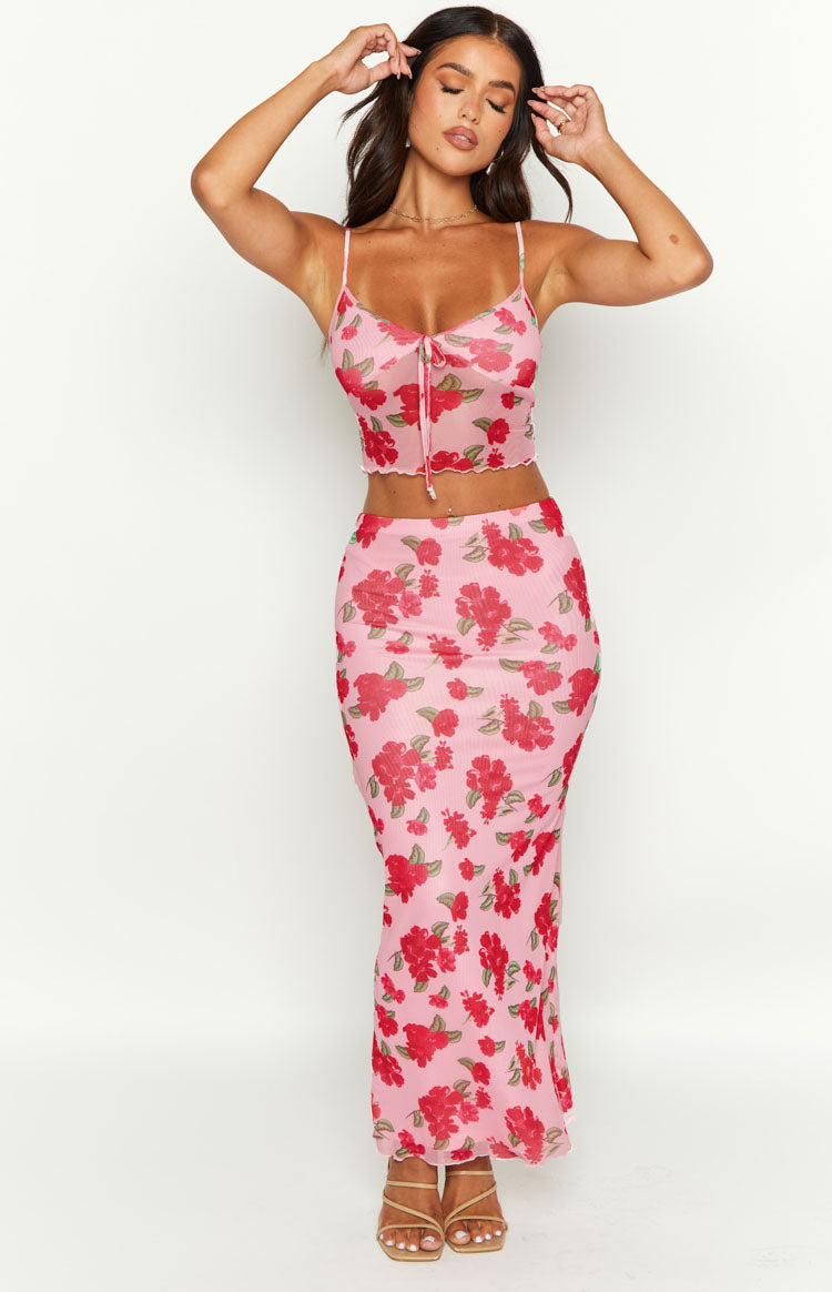 Emz Pink Floral Mesh Midi Skirt Image