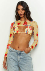 Enya Yellow Heart Printed Mesh Bra And Crop Set Image