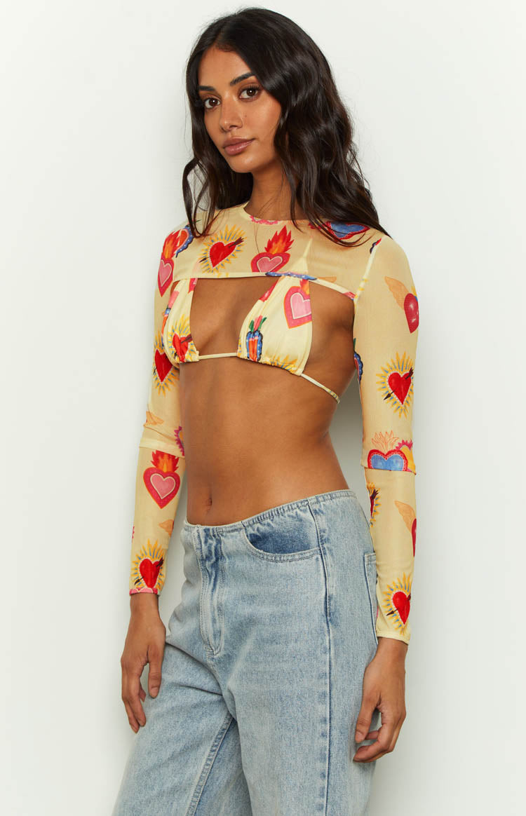 Enya Yellow Heart Printed Mesh Bra And Crop Set Image