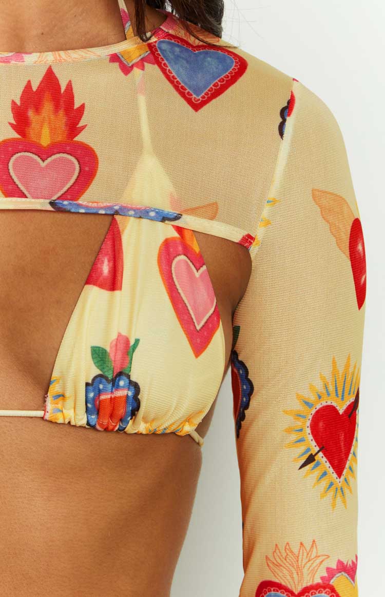 Enya Yellow Heart Printed Mesh Bra And Crop Set