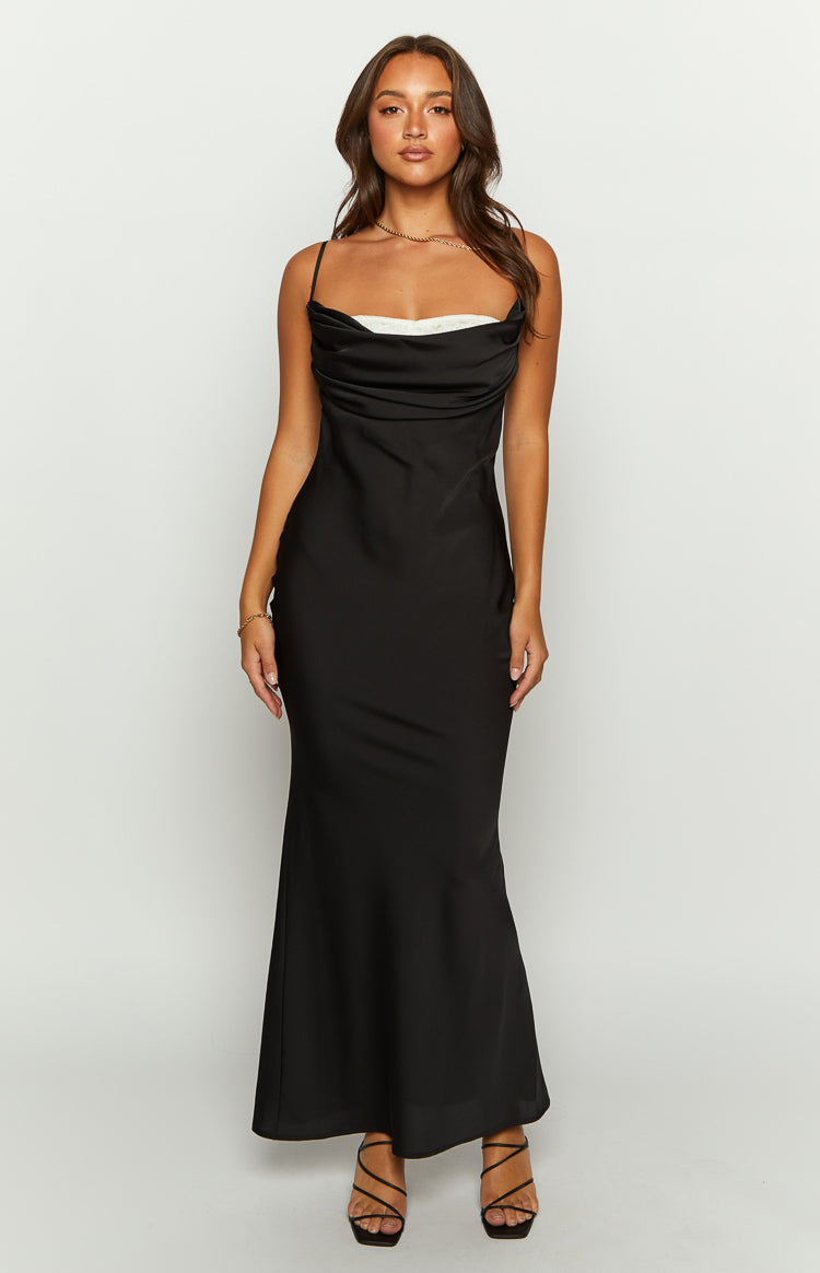 Evelyn Lace Detail Black Satin Maxi Dress Image