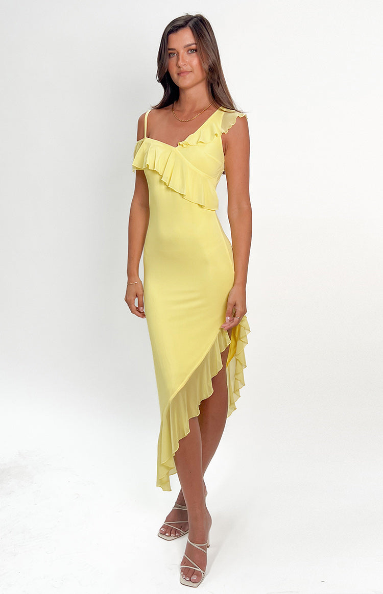 Everleene Yellow Ruffle Mesh Midi Dress Image