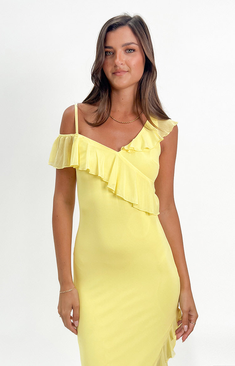 Everleene Yellow Ruffle Mesh Midi Dress Image