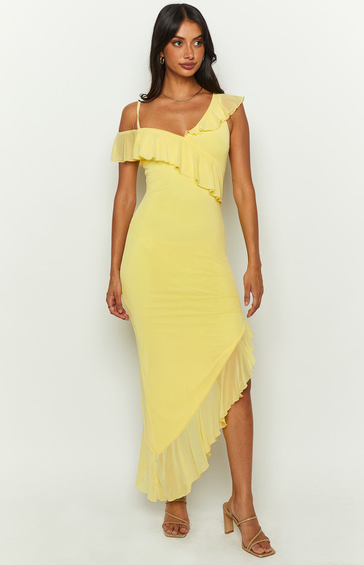 Everleene Yellow Ruffle Mesh Midi Dress Image