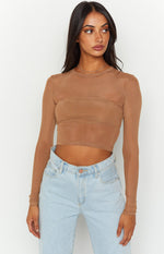 Evermore Beige Mesh Long Sleeve Top Image