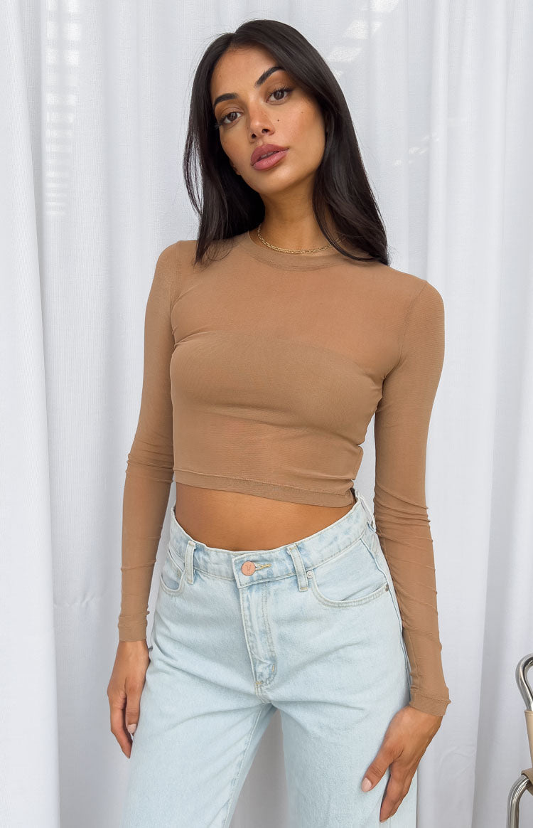 Evermore Beige Mesh Long Sleeve Top Image