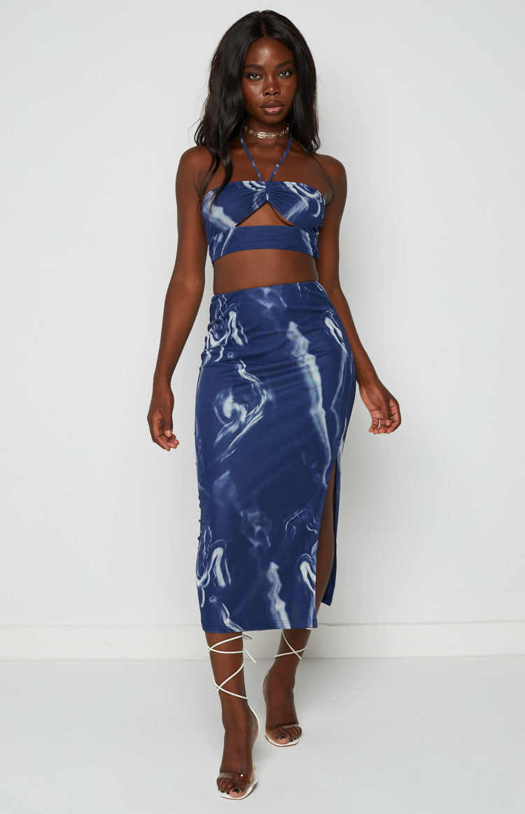 Fable Navy Mesh Midi Skirt Image