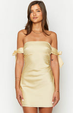 Fleur Yellow Satin Bow Off Shoulder Mini Dress Image