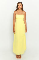 Yellow maxi dress with waist tie on blonde model