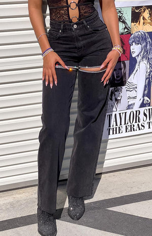 Close up lower body detail of girl in Gem Diamante Trim Wide Leg Black Denim Jeans.