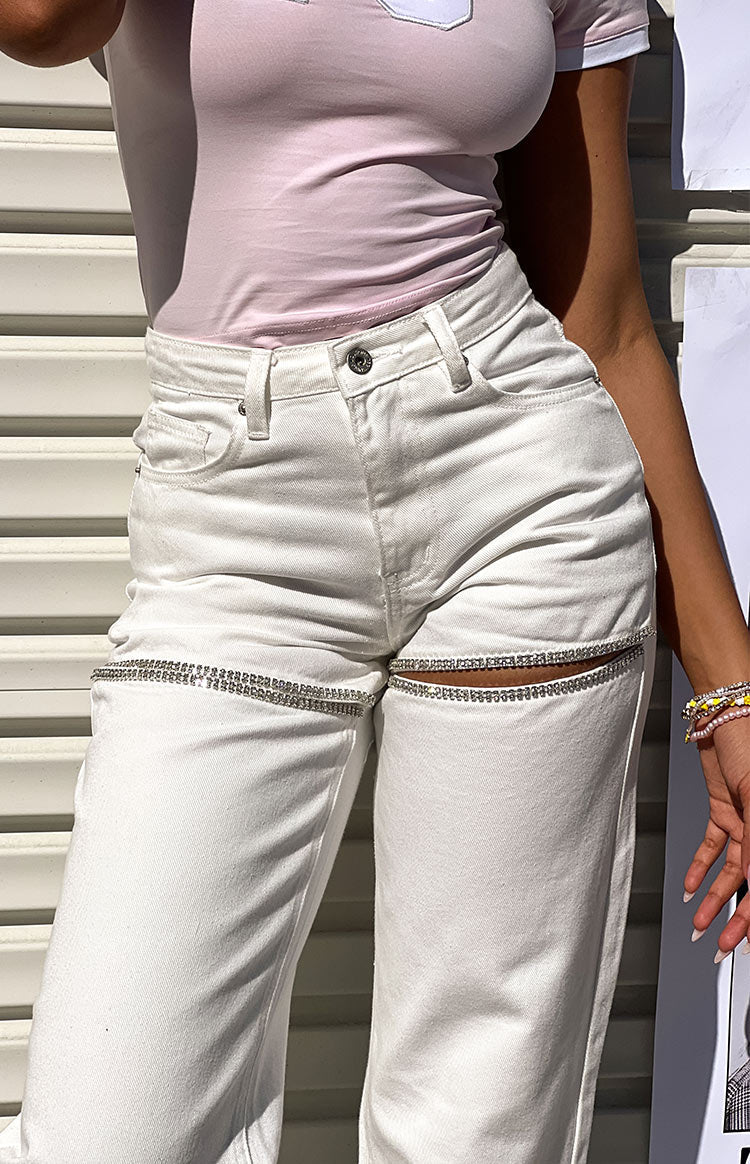 Gem Diamante Trim Wide Leg White Denim Jeans Image