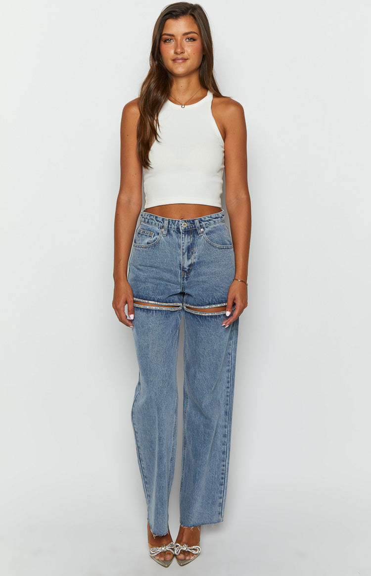 Gem Diamante Trim Wide Leg Denim Jeans Image