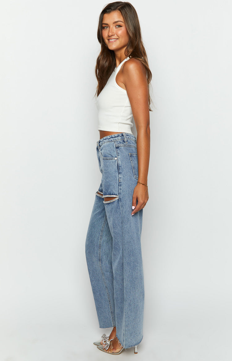 Gem Diamante Trim Wide Leg Denim Jeans Image