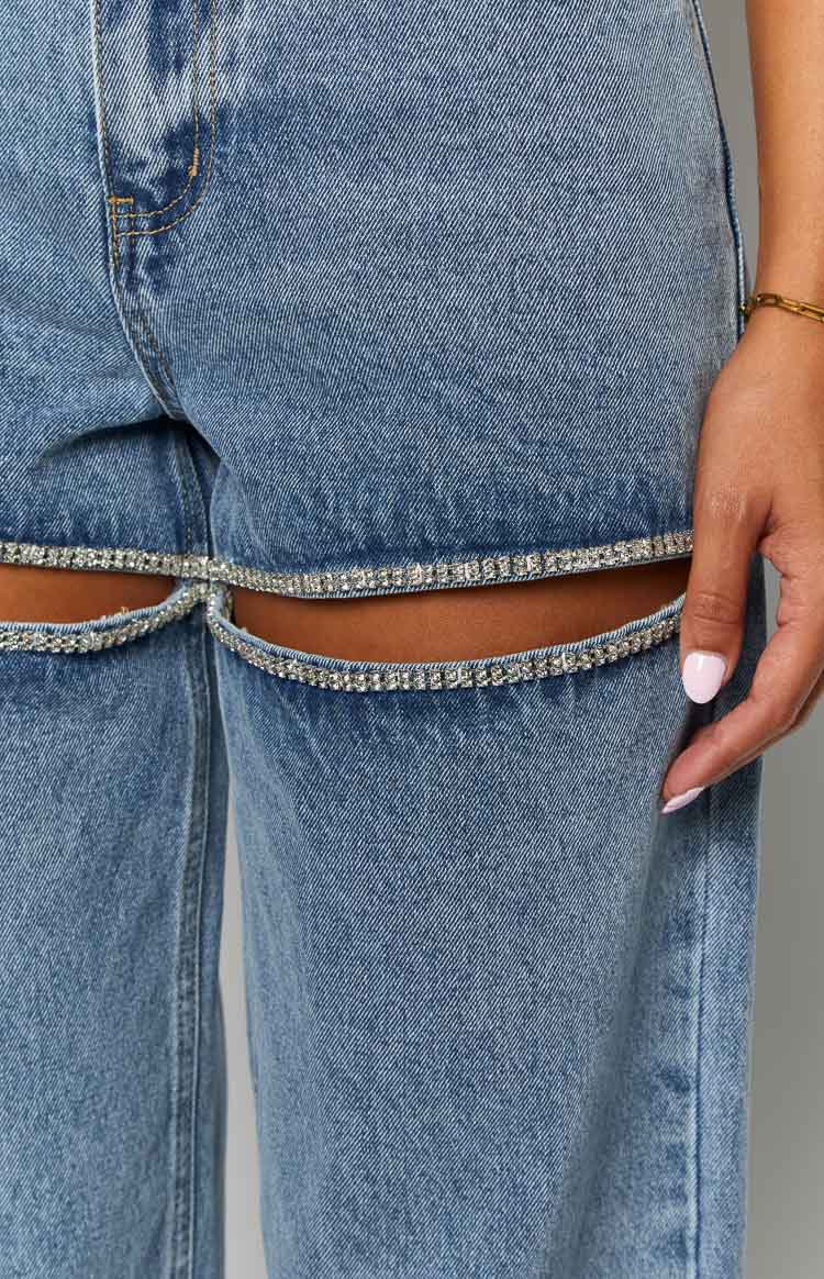 Gem Diamante Trim Wide Leg Denim Jeans Image