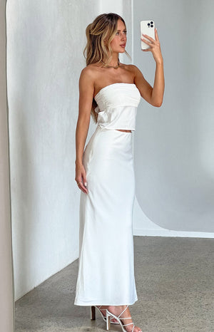 Genevieve White Satin Maxi Skirt