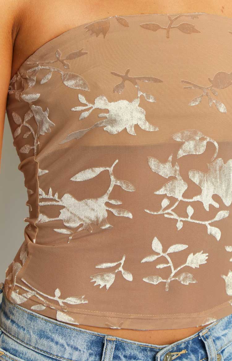 Hilux Beige Floral Mesh Bandeau Top Image