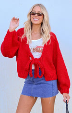 Holiday Red Tie Up Knit Cardigan Image