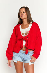 Holiday Red Tie Up Knit Cardigan Image