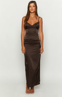 Brown satin maxi dress on brunette model