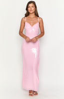 blonde model wearing a pink sequin formal gown with nude heels and gold jewellery