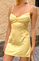 Honey Yellow satin mini dress with gathering on bust.