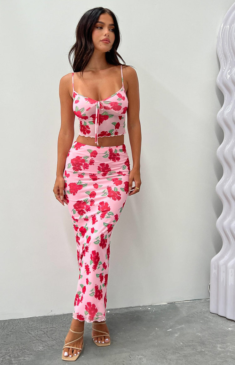 Emz Pink Floral Mesh Midi Skirt Image