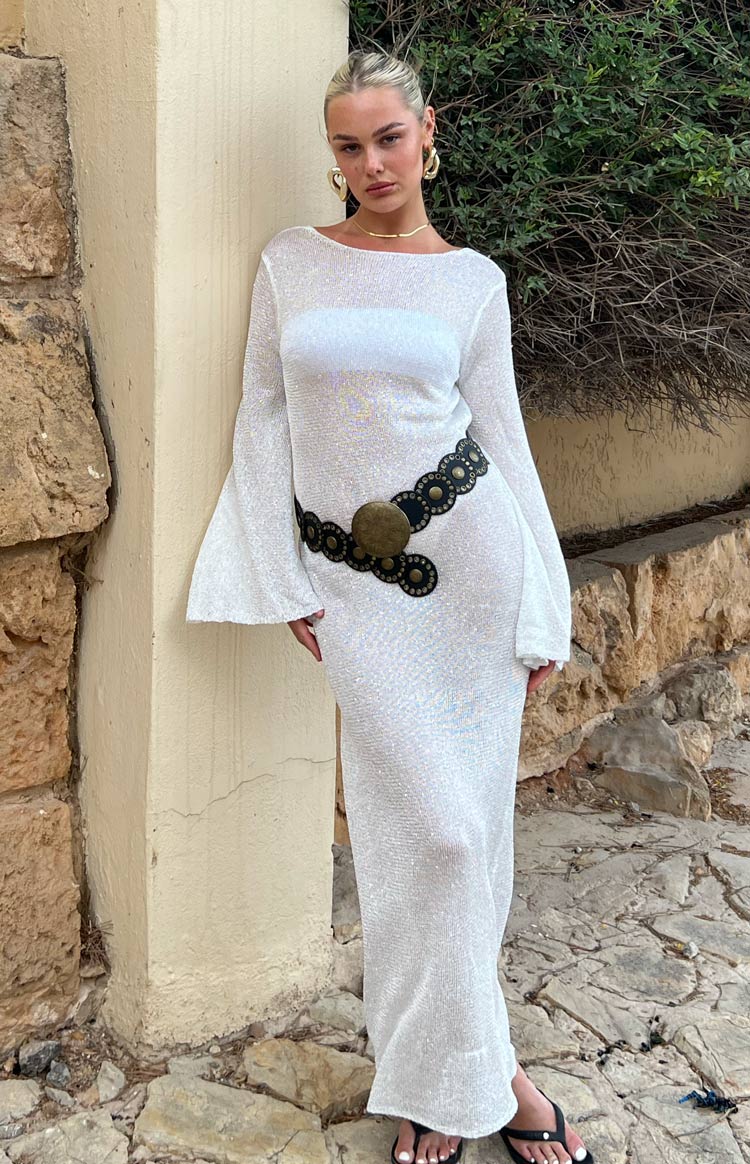 Kendrick White Sequin Knit Long Sleeve Maxi Dress Image