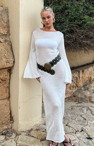 Kendrick White Sequin Knit Long Sleeve Maxi Dress