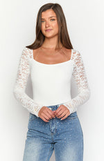 Irene White Lace Long Sleeve Bodysuit Image