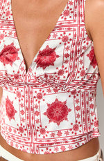 Ivory Petal Red Tile Print Top Image