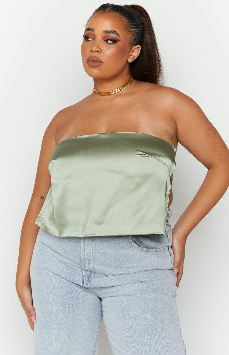 Ibiza Olive Satin Strapless Top Image