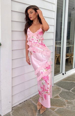 Inara Pink Floral Print Ruffle Maxi Dress