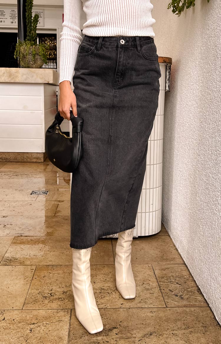 Isla Washed Black Denim Midi Skirt Image