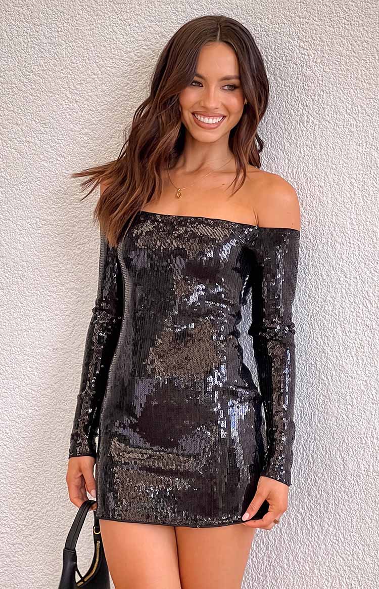 Jazmin Black Sequin Long Sleeve Mini Dress Image