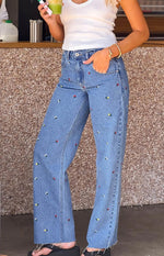 Kansis Blue Embroidered Uneven Waist Jeans Image