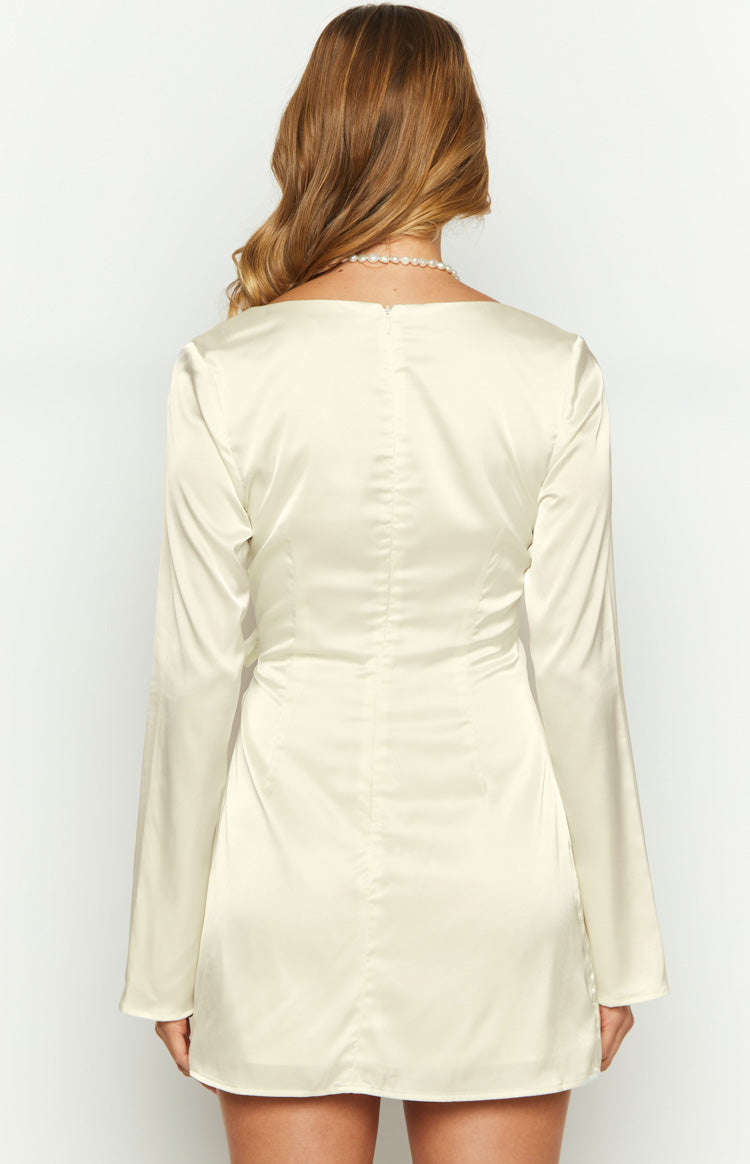 Kasya Cream Satin Long Sleeve Mini Dress Image