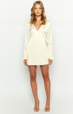 Kasya Cream Satin Long Sleeve Mini Dress Image