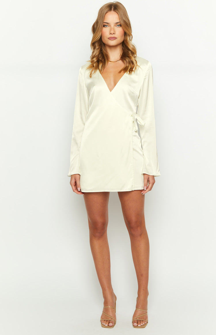 Kasya Cream Satin Long Sleeve Mini Dress Image