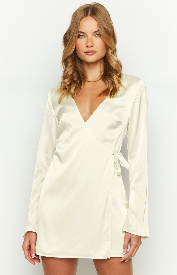 Kasya Cream Satin Long Sleeve Mini Dress Image